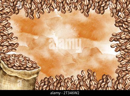 cornice orizzontale acquerello con chicchi di caffè e borsa in tela marrone completa con chicchi di caffè, bordo con tema caffè, illustrazione di marrone disegnata a mano Foto Stock