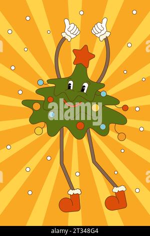 Albero di Natale danzante. Illustrazione vettoriale in stile trendy retro-groovy Illustrazione Vettoriale