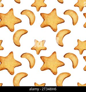 motivo ad acquerello senza cuciture con biscotti fatti in casa a forma di stella e luna a mezzaluna, illustrazione disegnata a mano di biscotti da forno isolati su di esso Foto Stock