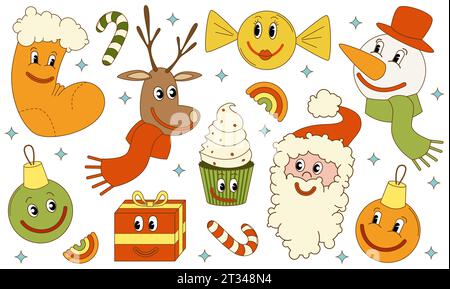 Set di personaggi natalizi. Babbo Natale, cervi, pupazzo di neve. Illustrazione vettoriale Illustrazione Vettoriale