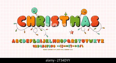 Font retro Groovy Christmas. Lettere e numeri alfabetici a colori. Simboli decorativi tipografici. Illustrazione Vettoriale