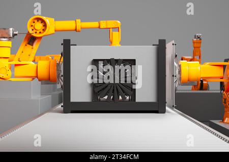 Robot high-tech che assemblano una stampante 3D all'avanguardia in una fabbrica moderna. I bracci robotici arancioni sono programmati per prelevare e posizionare parti delle stampanti. TEC Foto Stock
