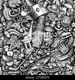 Motivo senza cuciture dei cartoni animati monocromatici con una varietà di oggetti e simboli canadesi, tra cui foglia d'acero, castoro, alce, bastoncino da hockey, e neve Illustrazione Vettoriale