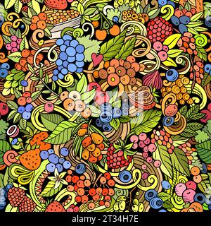 Gli scarabocchi vettoriali dei cartoni animati sul tema del motivo senza cuciture Berry Fruits presentano una varietà di oggetti e simboli di bacche. Bizzarro giocoso colorato b Illustrazione Vettoriale