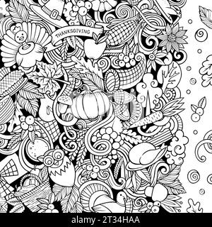 Cartoni animati vettoriali Doodles Happy Thanksgiving Day. Disegni al tratto, dettagliati, con molti oggetti illustrativi. Tutti gli oggetti sono separati. Bordo divertente abbozzato Illustrazione Vettoriale