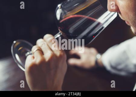 Primo piano di un giovane sommelier che profuma di vino rosso sullo sfondo del bancone del bar. Foto Stock