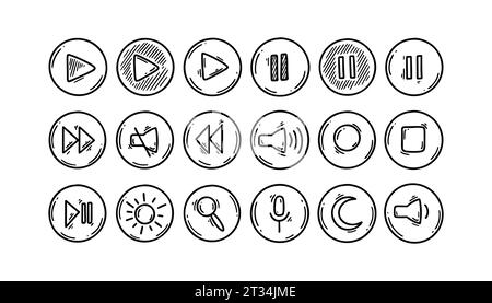 Pulsanti rotondi interfaccia video e supporti Doodle. Set di icone di controllo dello schizzo disegnate a mano. Tastiera del computer portatile. Tasti di riproduzione, pausa, arresto, avanzamento, riavvolgimento. Ve Illustrazione Vettoriale