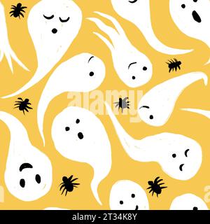 Motivo senza cuciture disegnato a mano con fantasmi di Halloween e ragni neri su sfondo giallo. Simpatica stampa autunnale, terrificante orrore spaventoso e illsutration, decorazioni da mostriciattolo per feste Foto Stock