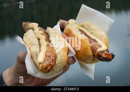 Thüringer Rostbratwürstchen im Brötchen mit Senf, Deutschland Foto Stock
