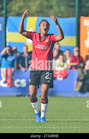 Walton Hall Park, Liverpool, Merseyside, Inghilterra. 22 ottobre 2023. Nikita Parris n. 22 del Manchester United Women mostra la sua frustrazione, durante l'Everton Women V Manchester United Women Football Club al Walton Hall Park, nella Barclays Women's Super League/Women's Super League. (Immagine di credito: ©Cody Froggatt/Alamy Live News) Foto Stock