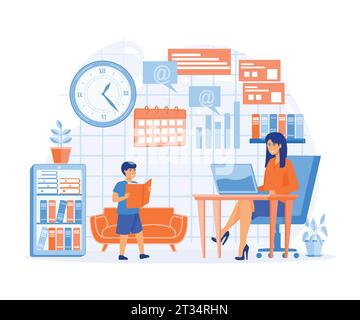 Concetto di madre a casa impegnata in multitasking. Una donna che gestisce l'equilibrio tra vita familiare, lavoro domestico e carriera professionale. vettore piatto modern i Illustrazione Vettoriale