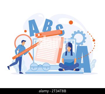 Autore di contenuti. Concetto di creazione di articoli di blog. lavoro freelance e marketing. illustrazione moderna a vettore piatto Illustrazione Vettoriale