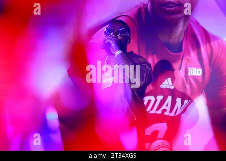 Bloomington, Stati Uniti. 20 ottobre 2023. Il rapper Gucci Mane si esibisce durante l'isteria Hoosier della Indiana University Basketball presso la Simon Skjodt Assembly Hall di Bloomington, Indiana. (Foto di Jeremy Hogan/SOPA Images/Sipa USA) credito: SIPA USA/Alamy Live News Foto Stock