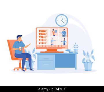 videoconferenza, lavoro remoto, concetto tecnologico. Uomo sul desktop che parla con gli amici online. illustrazione moderna a vettore piatto Illustrazione Vettoriale