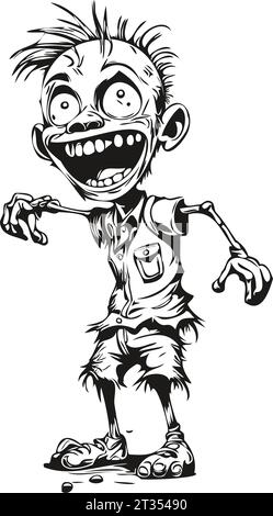 Infestante riflesso zombie disegnato a mano in monocromo, immagine isolata di non morti, ghoule su uno strato trasparente, può essere utilizzato come schizzo di un inchiostro per incidere, Illustrazione Vettoriale
