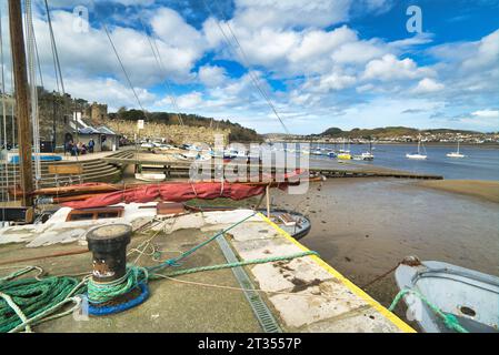 Guardando verso nord lungo il fiume Conwy dalla banchina di Conwy vicino al castello di Conwy. barche da pesca e imbarcazioni da diporto. Bassa marea. Galles del Nord, Regno Unito Foto Stock