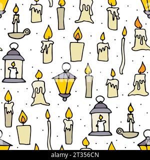 Candele galleggianti a fuoco Doodle modello senza cuciture. Candelabro disegnato a mano, lampada su sfondo bianco. Vacanze, Natale, chiesa, Halloween dripping Illustrazione Vettoriale