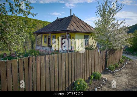 La bella casa del paese con alberi fioriti in primavera in Romania Foto Stock