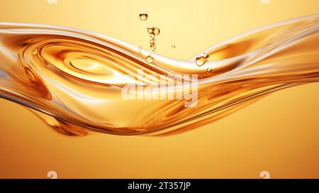 Spruzzi e gocce di olio liquido. Primo piano di colore verde oliva o olio motore ecologico natura dorato. Olio cosmetico giallo brillante o essenza cosmetica Liqu Foto Stock