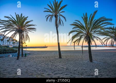 Puerto Banus vicino alla spiaggia di sabbia di Marbella vista dell'alba, Andalusia regione della Spagna Foto Stock