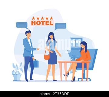 Concetto di lavoro dell'addetto alla reception, responsabile della consulenza clienti alla reception. Turisti che effettuano il check-in in hotel, illustrazione moderna a vettore piatto Illustrazione Vettoriale