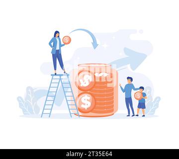 gestione finanziaria, concetto di risparmio economico. Padre e madre insegnano ai bambini a risparmiare denaro. illustrazione moderna a vettore piatto Illustrazione Vettoriale