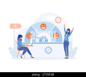 Basso livello di stress, indicatore di buon umore. Ragazza attiva completamente carica. Dipendente mentalmente sano. illustrazione moderna a vettore piatto Illustrazione Vettoriale