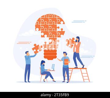 assistente online al lavoro. ricerca di nuove soluzioni di idee, collaborazione in azienda, brainstorming, illustrazione moderna a vettore piatto Illustrazione Vettoriale