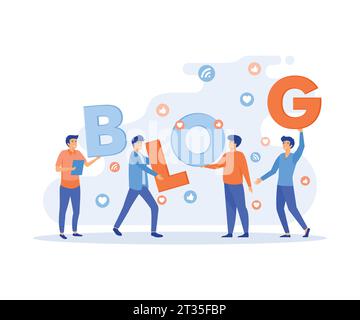 Concetto di creazione di blog, processo di flusso di lavoro per la produzione di contenuti creativi per blog. Sviluppo, promozione e intrattenimento online per i media blogging. vettore piatto Illustrazione Vettoriale