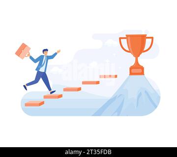 le idee portano il business al successo. Uomo d'affari che salta sul grafico per raggiungere il goal.Trofei sulla montagna. illustrazione moderna a vettore piatto Illustrazione Vettoriale