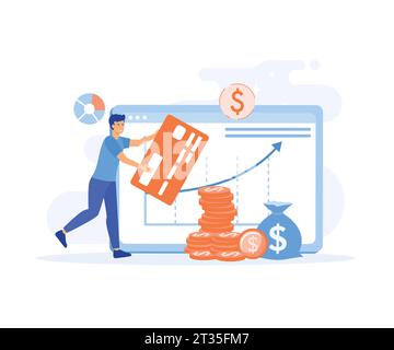 Concetto di transazione finanziaria virtuale, Man gestisce le finanze personali nel conto personale, effettua transazioni, illustra in modo moderno e vettoriale Illustrazione Vettoriale