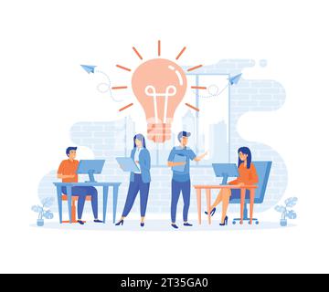assistente online al lavoro. ricerca di nuove soluzioni di idee, collaborazione in azienda, brainstorming, illustrazione moderna a vettore piatto Illustrazione Vettoriale
