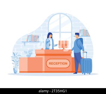 Concetto di receptionist dell'hotel, cliente maschio in piedi alla reception e che parla con una receptionist femminile. Scenario della visita al centro di assistenza, vettore piatto Illustrazione Vettoriale