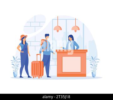 lavoro receptionist. Responsabile della consulenza clienti alla reception. Turisti che effettuano il check-in in hotel, illustrazione moderna a vettore piatto Illustrazione Vettoriale