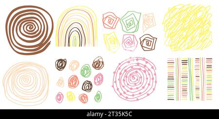 Impostare Pattern, linea texture disegnata a mano. Tratteggio penna di disegno inchiostro tratteggio trasversale schizzo a matita. Stile Doodle Scratch. Forma color pastello caramella isolata su bianco Illustrazione Vettoriale