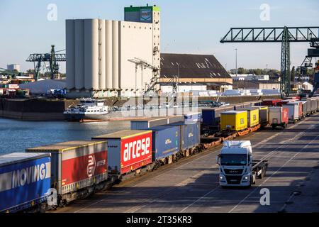 Rimorchi per camion in piedi presso il terminal Westkai del porto del Reno Niehl, silo di grano RWZ presso la banchina del magazzino, Colonia, Germania. LKW-Anhaenger Stehen am W. Foto Stock