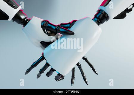 Rendering 3D di due bracci robotici che stringono la mano Foto Stock