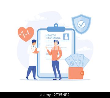 Concetto di assicurazione sanitaria, medico e paziente con modulo di assicurazione sanitaria. Assistenza sanitaria, finanza e servizi medici. illustrazione moderna a vettore piatto Illustrazione Vettoriale