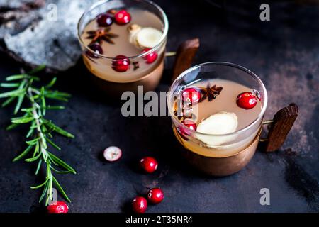 Tazze di mulo di Mosca bevono con spezie e mirtilli rossi Foto Stock