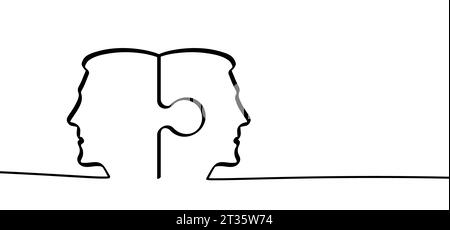 collegamento pezzi puzzle seghetto alternativo. Profilo di comunicazione ritratto o fronte. Segno umano della testa di contorno. Segnale di connessione. elementi rompicapo per psicologia Foto Stock
