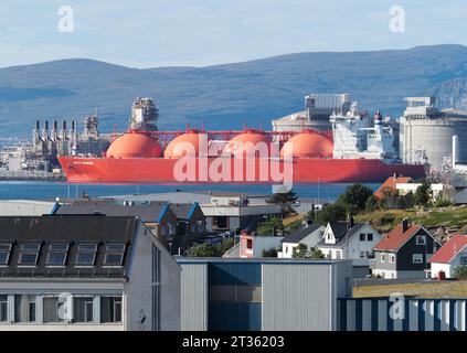 Hammerfest, Norvegia. 24 agosto 2023. La petroliera GNL "Arctic Princess" (GNL per il gas naturale liquefatto) è ormeggiata presso il terminal vicino al porto di Hammerfest. La nave è lunga 288 metri, larga 49, trasporta gas naturale liquefatto e naviga sotto la bandiera della Norvegia. L'impianto GNL è uno dei più grandi in Norvegia ed è stato modernizzato nel 2022. La Norvegia è un importante fornitore di gas per l'Europa. In primo piano ci sono edifici residenziali e commerciali della città di Hammerfest, il centro della città si trova sull'isola di Kvalo. Credito: Soeren Stache/dpa/Alamy Live News Foto Stock