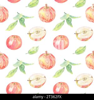 Motivo acquerello senza cuciture con mele rosse. Illustrazione del cibo dipinta a mano in stile botanico su sfondo bianco per uso tessile, carta da parati Foto Stock