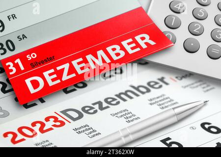 Deutscher Kalender Datum Silvester 31. Dezember 2023 mit Rechner Foto Stock