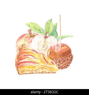 Fetta di mela con composizione acquerello con illustrazione a torta isolata su sfondo bianco. Frutta autunnale per logo, menu, cartellino, motivo. Arte per il design Foto Stock