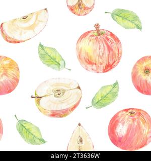 Motivo acquerello senza cuciture con mele rosse. Illustrazione del cibo dipinta a mano in stile botanico su sfondo bianco per uso tessile, carta da parati Foto Stock