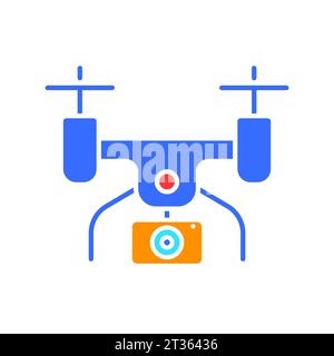 Icona della linea di registrazione della fotocamera con droni. Editing di foto e video, ritocco, editing, collage, livelli, strumenti, progettazione. Icona a colori vettoriale su sfondo bianco Illustrazione Vettoriale