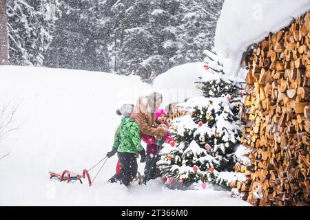 Ragazzo e ragazza con nonna che decora l'albero di Natale Foto Stock