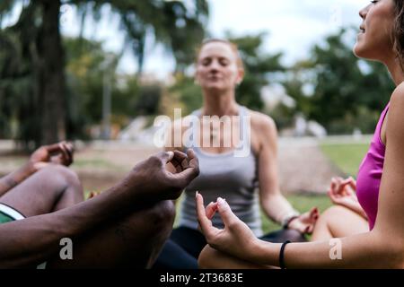 Amici seduti in posizione di loto che meditano al parco Foto Stock