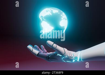 Rendering tridimensionale di una mano robotica che regge il pianeta Terra Foto Stock