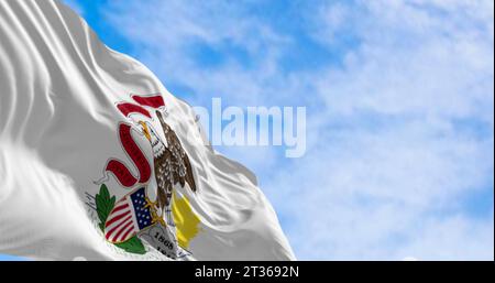 Primo piano della bandiera dello stato dell'Illinois che sventola al vento in una giornata limpida. Sigillo dell'Illinois su sfondo bianco con la parola "Illinois" qui sotto. 3d il Foto Stock